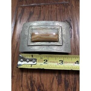 Mexican Alpaca Ethnic RTD Silver Tone Vintage Belt Buckle Etched Rectangle Stone
